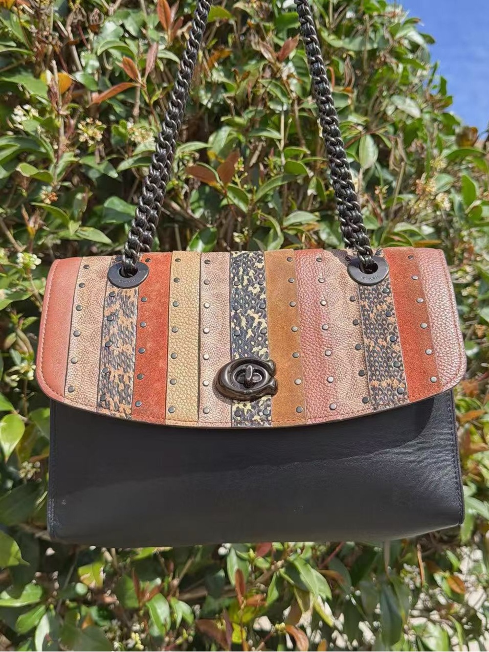 Coach Parker With Signature Canvas Patchwork Stripes And Snakeskin Detail 79273